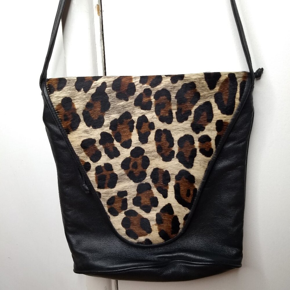 Vintage Pinky Leopard Print Calf Hair Leather Flap Crossbody Purse Bag Made USA